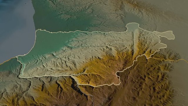 Akkar, governorate with its capital, zoomed and extruded on the relief map of Lebanon in the conformal Stereographic projection. Animation 3D