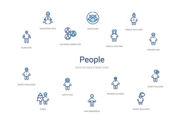 people concept 14 colorful outline icons. 2 color blue stroke icons