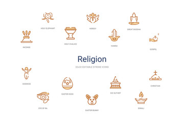 religion concept 14 colorful outline icons. 2 color blue stroke icons