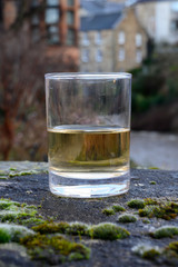 Scotch single malts or blended whisky spirits in glasses with old houses of Edinburgh on background, Scotland, UK