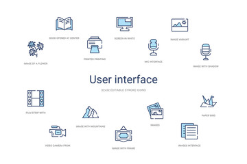 user interface concept 14 colorful outline icons. 2 color blue stroke icons