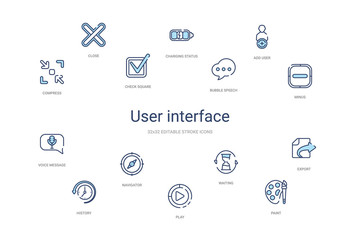 user interface concept 14 colorful outline icons. 2 color blue stroke icons