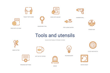 tools and utensils concept 14 colorful outline icons. 2 color blue stroke icons