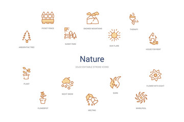 nature concept 14 colorful outline icons. 2 color blue stroke icons