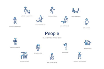 people concept 14 colorful outline icons. 2 color blue stroke icons