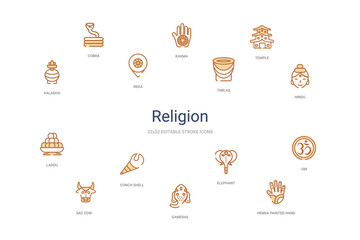 religion concept 14 colorful outline icons. 2 color blue stroke icons