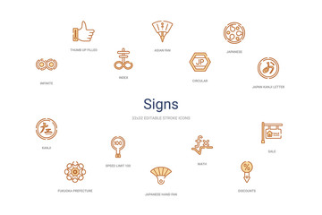 signs concept 14 colorful outline icons. 2 color blue stroke icons