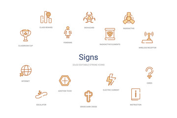 signs concept 14 colorful outline icons. 2 color blue stroke icons