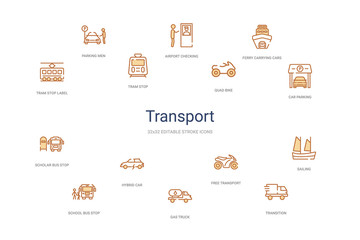 transport concept 14 colorful outline icons. 2 color blue stroke icons