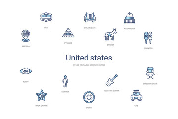 united states concept 14 colorful outline icons. 2 color blue stroke icons