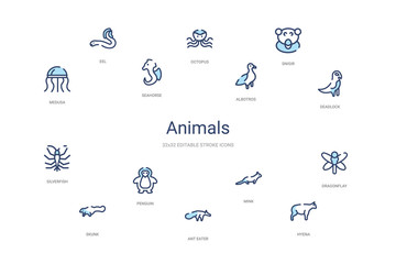 animals concept 14 colorful outline icons. 2 color blue stroke icons