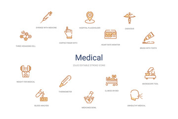 Fototapeta premium medical concept 14 colorful outline icons. 2 color blue stroke icons