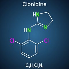 Clonidine molecule. It is useful for the treatment of hypertension, severe pain, and ADHD. Structural chemical formula on the dark blue background