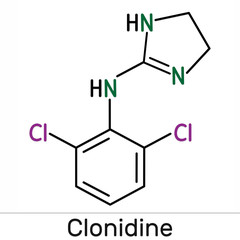 Clonidine molecule. It is useful for the treatment of hypertension, severe pain, and ADHD. Skeletal chemical formula