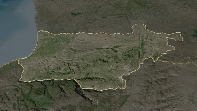 Akkar, governorate with its capital, zoomed and extruded on the satellite map of Lebanon in the conformal Stereographic projection. Animation 3D