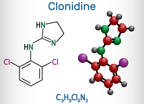 Clonidine molecule. It is useful for the treatment of hypertension, severe pain, and ADHD. Structural chemical formula and molecule model