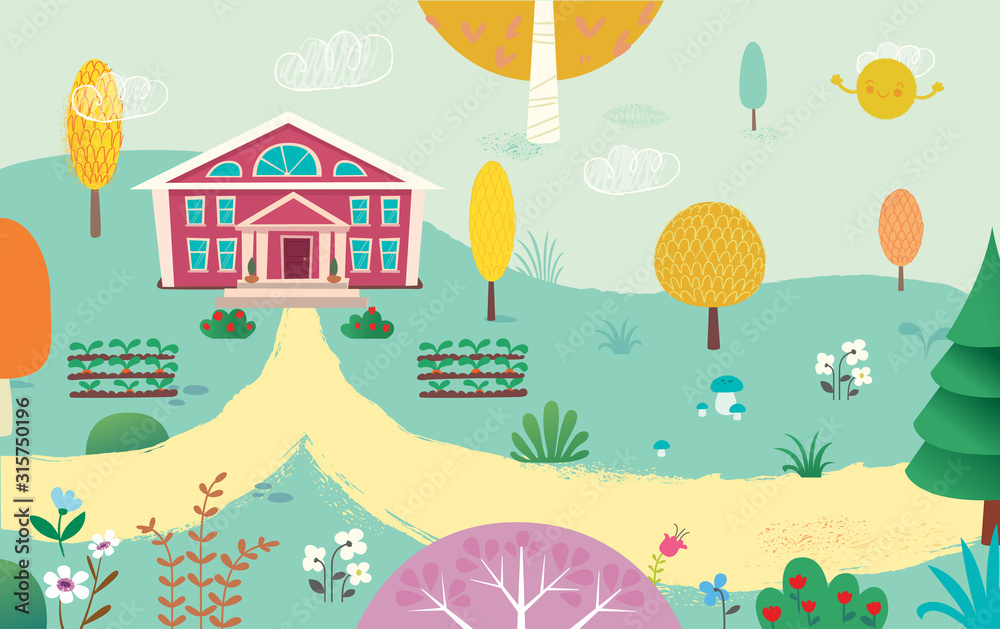 Wall mural Illustration of empty yard and school. Road to the School. Summer kids landscape with the trees, flowers, mushrooms and plants.