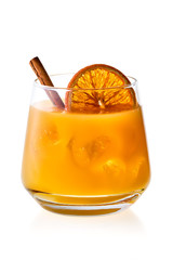 Glass of spicy orange juice with ice isolated on white