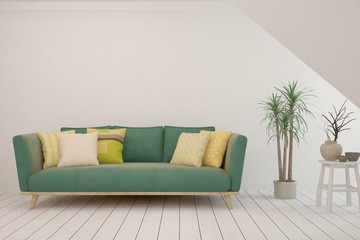 Obraz premium Stylish room in white color with sofa. Scandinavian interior design. 3D illustration