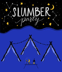 Slumber party illustration with tree teepee tents, night sky with hand drawn stars and little table with moon and lantern. Kids sleepover vector invitation design. © Anna Kutukova