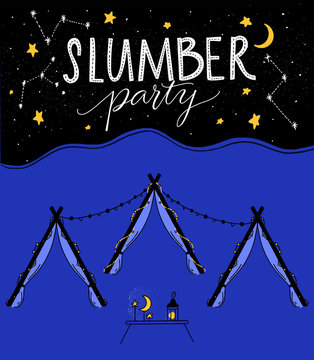 Slumber Party Illustration With Tree Teepee Tents, Night Sky With Hand Drawn Stars And Little Table With Moon And Lantern. Kids Sleepover Vector Invitation Design.