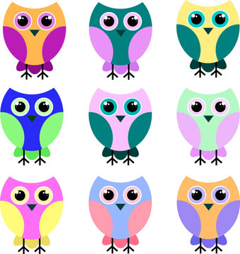 Nine brightly colored owls in identical poses. Icons. Vector illustration