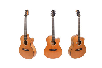 set of six strings acoustic wooden guitars isolated on white background. guitar shape