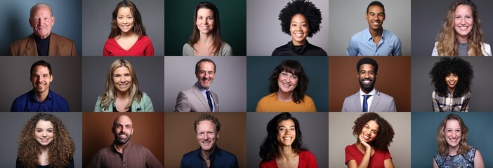 Different portraits of people in front of a background - Powered by Adobe