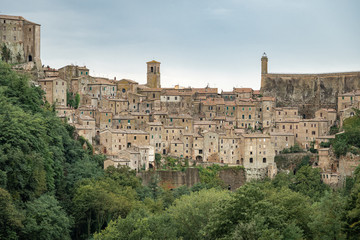 Panorama of Sorano, a town built on a tuff rock, one of the most beautiful villages in Italy.