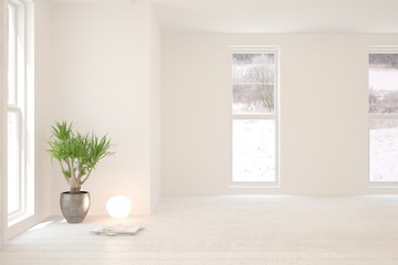 Mock up of empty room in white color with winter landscape in window. Scandinavian interior design. 3D illustration