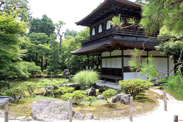 Kyoto, Japan - July 16, 2019: Ginkaku-ji also known as Temple of the Silver Pavilion, is a Zen temple with gardens, one of the constructions that represents Higashiyama Culture of the Muromachi period