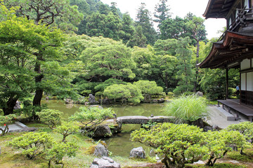 Kyoto, Japan - July 16, 2019: Ginkaku-ji also known as Temple of the Silver Pavilion, is a Zen temple with gardens, one of the constructions that represents Higashiyama Culture of the Muromachi period