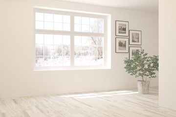 Mock up of empty room in white color with winter landscape in window. Scandinavian interior design. 3D illustration