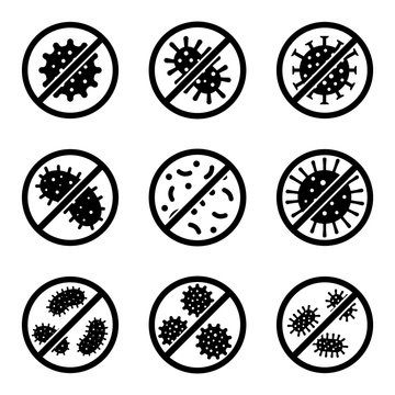 Antibacterial and antiviral defence set icon. Stop bacteria and viruses prohibition sign , logo isolated on white background