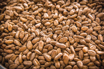 Roasted cocoa beans made of natural Chocolate on Roatan Island. Honduras