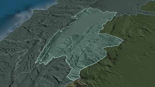 Bekaa, governorate with its capital, zoomed and extruded on the administrative map of Lebanon in the conformal Stereographic projection. Animation 3D