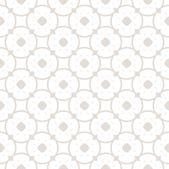 Subtle vector floral seamless pattern. Elegant geometric background with flower shapes, rounded grid, lattice, circles, repeat tiles. Abstract ornamental texture in pastel colors, white and beige