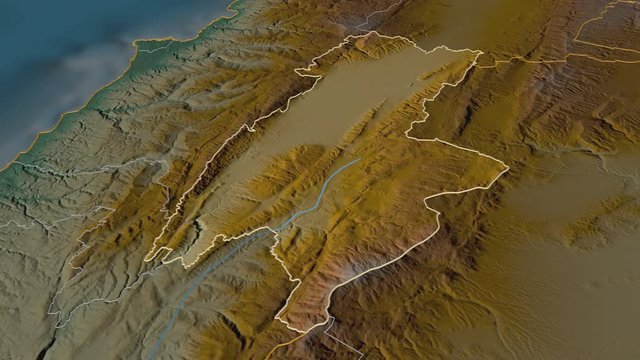 Bekaa, governorate with its capital, zoomed and extruded on the relief map of Lebanon in the conformal Stereographic projection. Animation 3D
