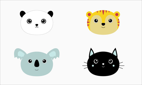 Bear Panda Keith Koala Tiger Round Face Icons Set. Cute cartoon character. Funny baby print for kids. Greeting card of love. Flat design.