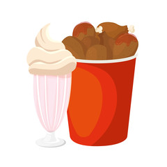 set of chicken food in container with milkshake isolated icon