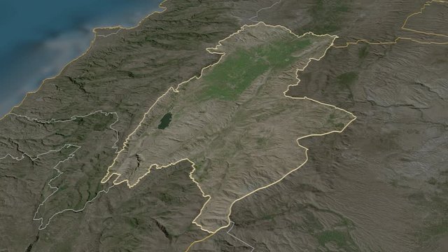 Bekaa, governorate with its capital, zoomed and extruded on the satellite map of Lebanon in the conformal Stereographic projection. Animation 3D