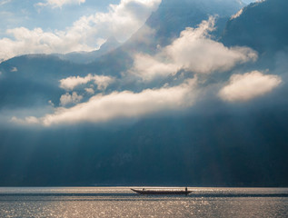 A scene of morning light in the lake of Hallstatt, Austria
