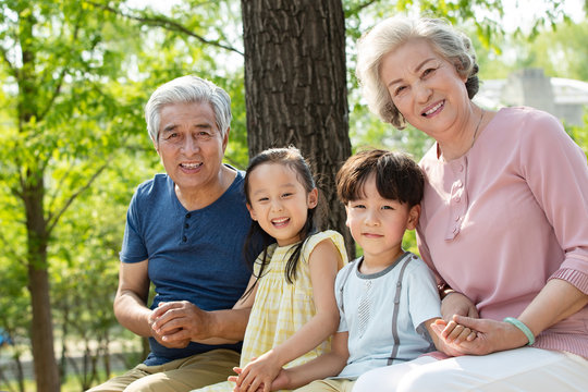 Elderly couples with children on an outing