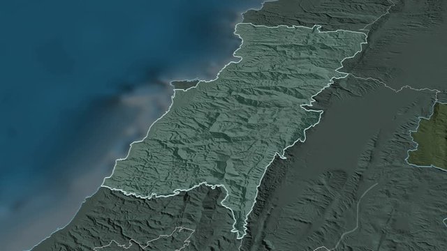 Mount Lebanon, governorate with its capital, zoomed and extruded on the administrative map of Lebanon in the conformal Stereographic projection. Animation 3D