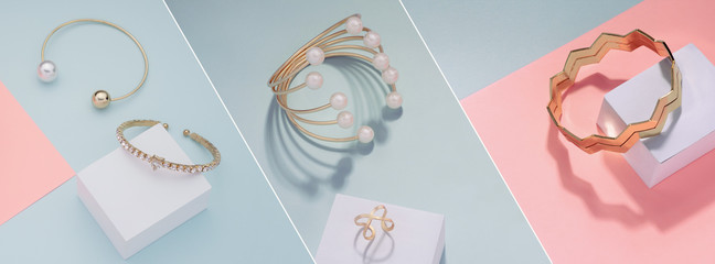 Photo collage of Different golden bracelets on pink and blue background