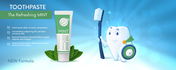 Smiling superhero tooth is holding the shield and toothbrush and looking at the tube of mint toothpaste and mint leafs. Vector illustration