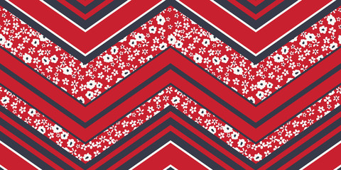 Ditsy Florals Graphic Daisies And Chevron Shapes on Red Background Vector Seamless Pattern
