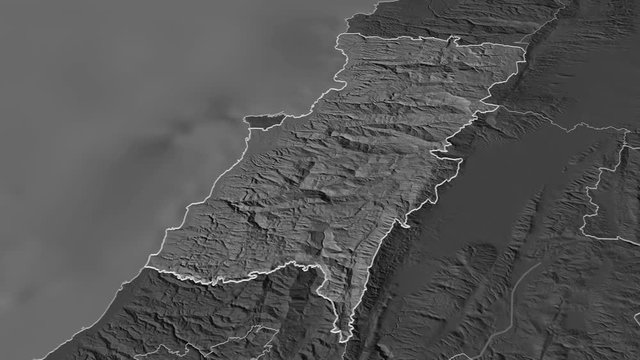 Mount Lebanon, governorate with its capital, zoomed and extruded on the bilevel map of Lebanon in the conformal Stereographic projection. Animation 3D