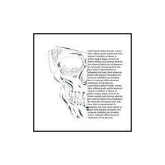 Vector black and white illustration of human skull with a lower jaw in ink hand drawn style.