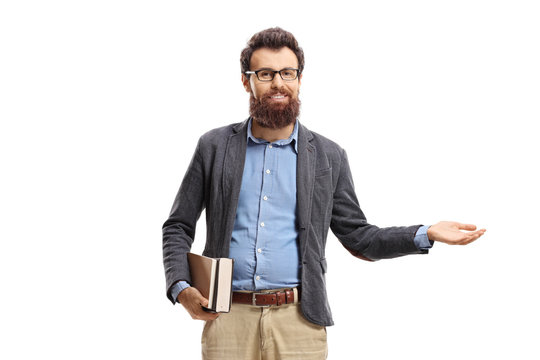 Bearded man holding books and making welcome gesture